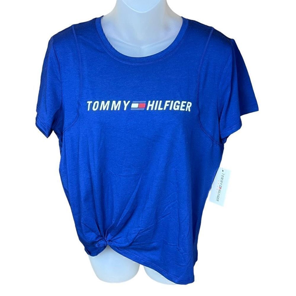 Tommy Hilfiger Tee Shirt Top Blue White Letter Logo Short Sleeve Knot Hem Medium